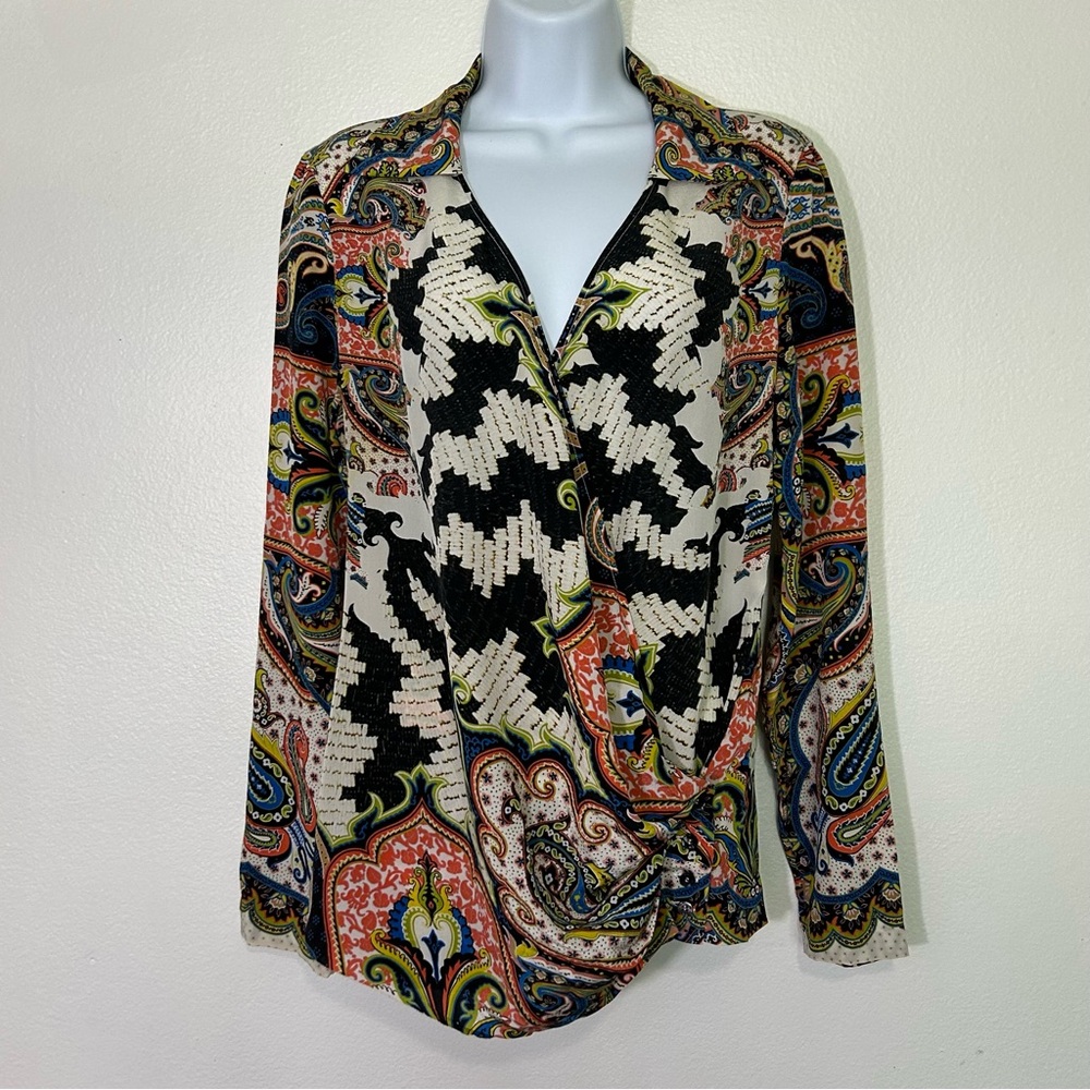 ETRO Ladies EU 46 Colorful Printed Pleated Faux Wrap Blouse